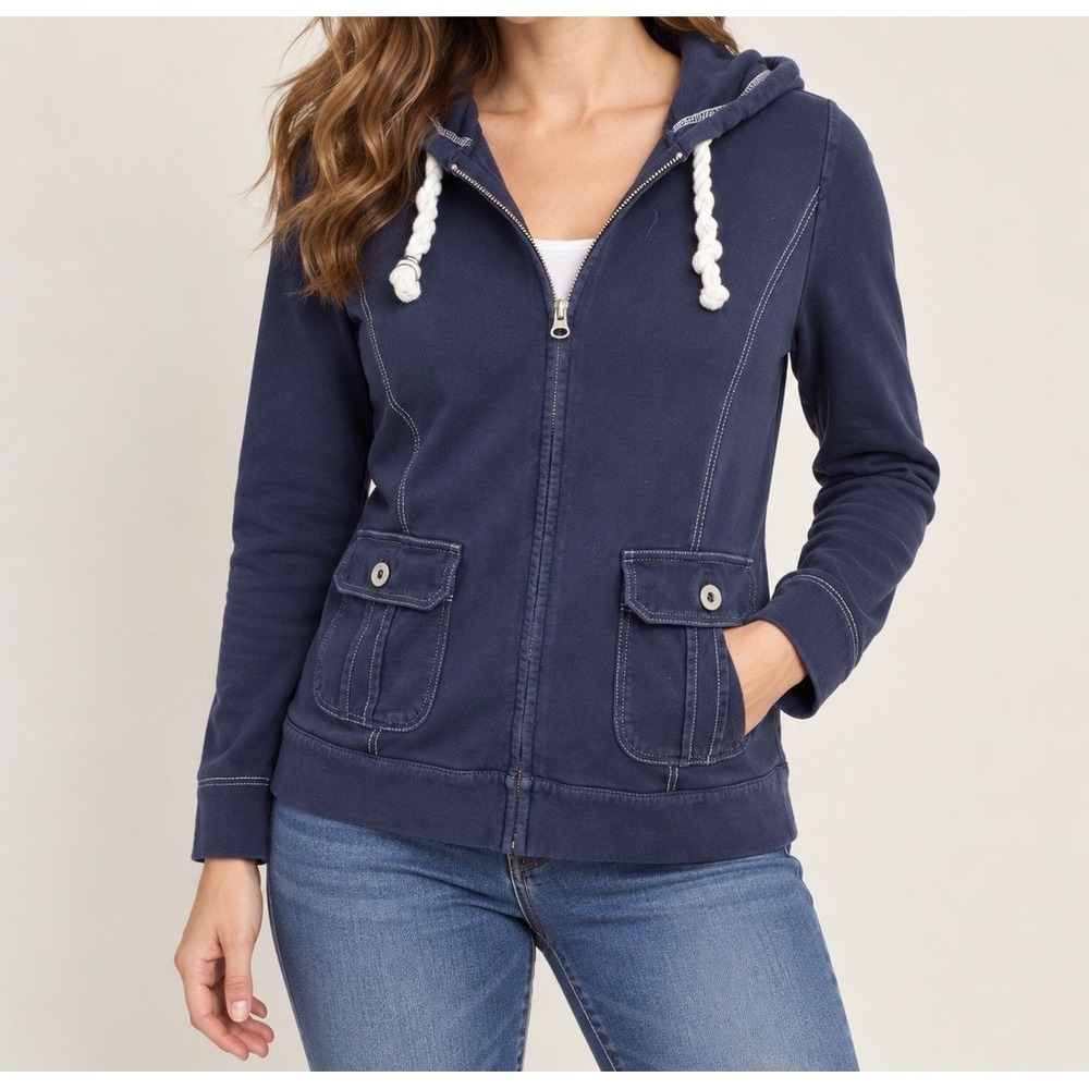 Ann Taylor LOFT Hoodie Women M Navy Blue Full Zip Contrast Stitch Cargo Pockets